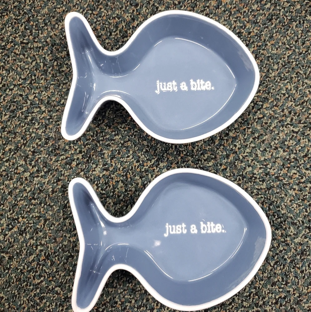 Whisker City Ceramic Blue Fish Cat Bowl 2pc set